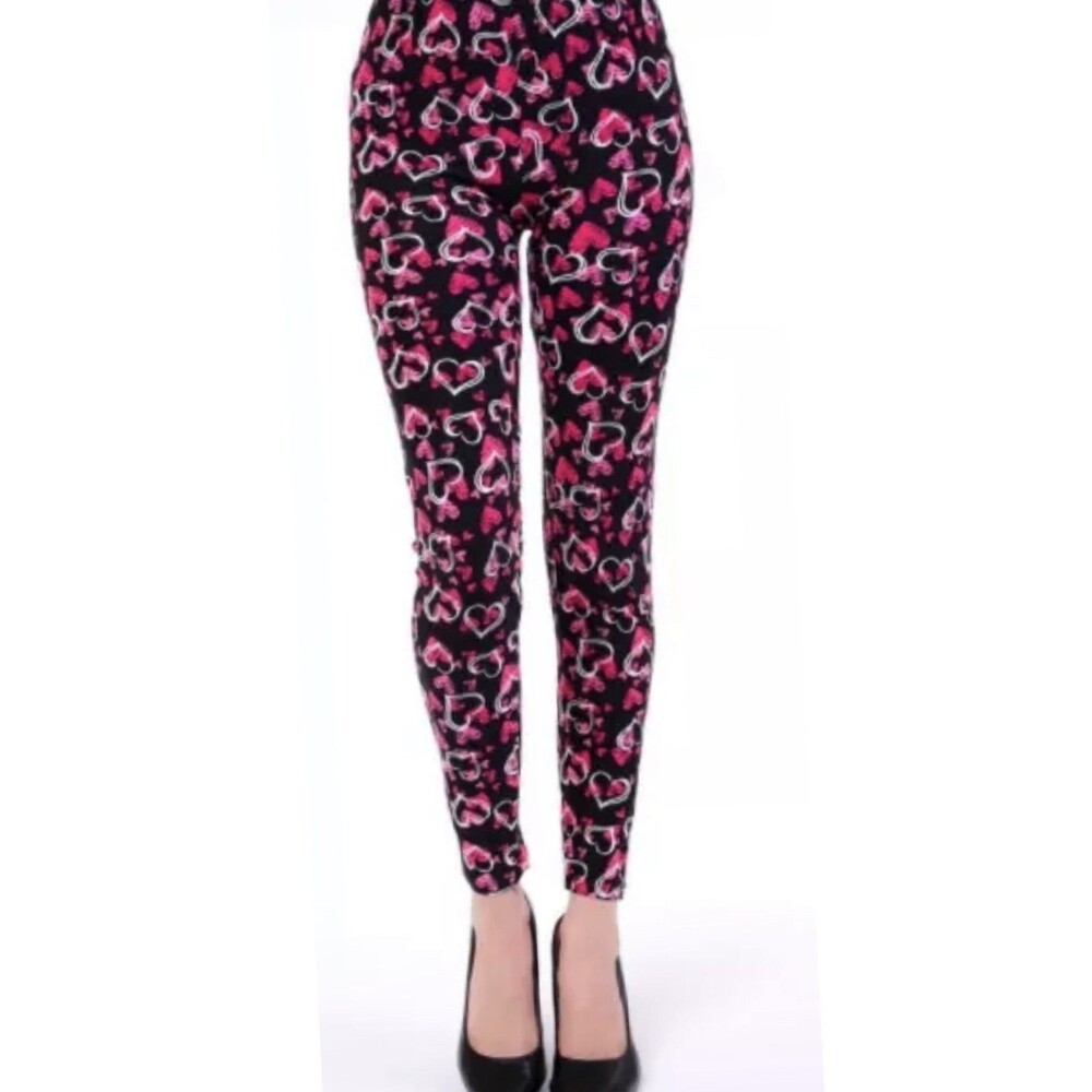 Plus, Valentines Hearts Love Black Pink, White Buttery Soft Leggings Curvy 12-18